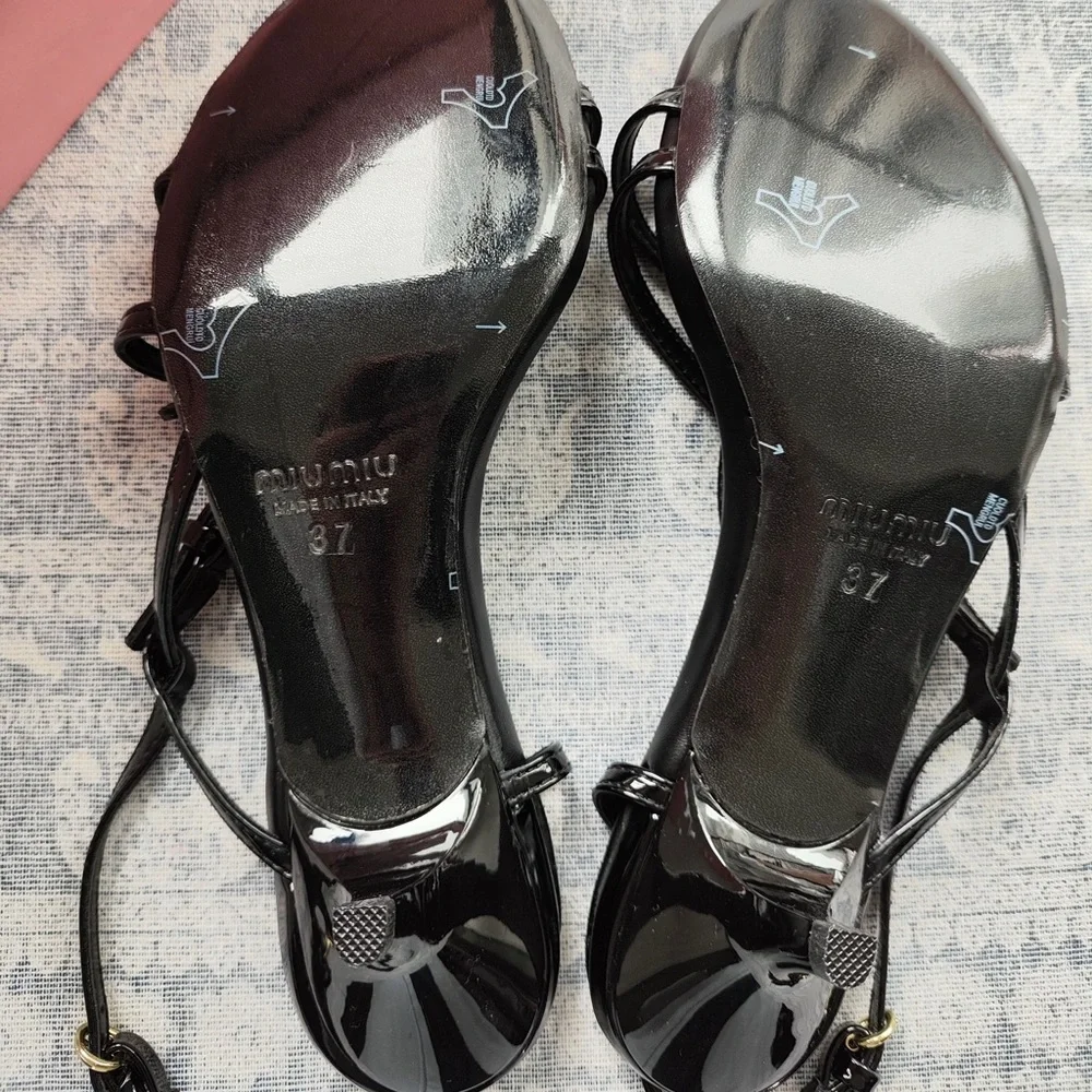 Miu Miu Black Leather Strappy Heeled Sandals with Gold Accents - Picture 5 of 5